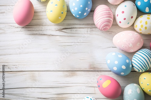 Pastel Easter eggs playfully arranged on a rustic white wooden surface, celebrating springtime's vibrant arrival with soft, natural light.
