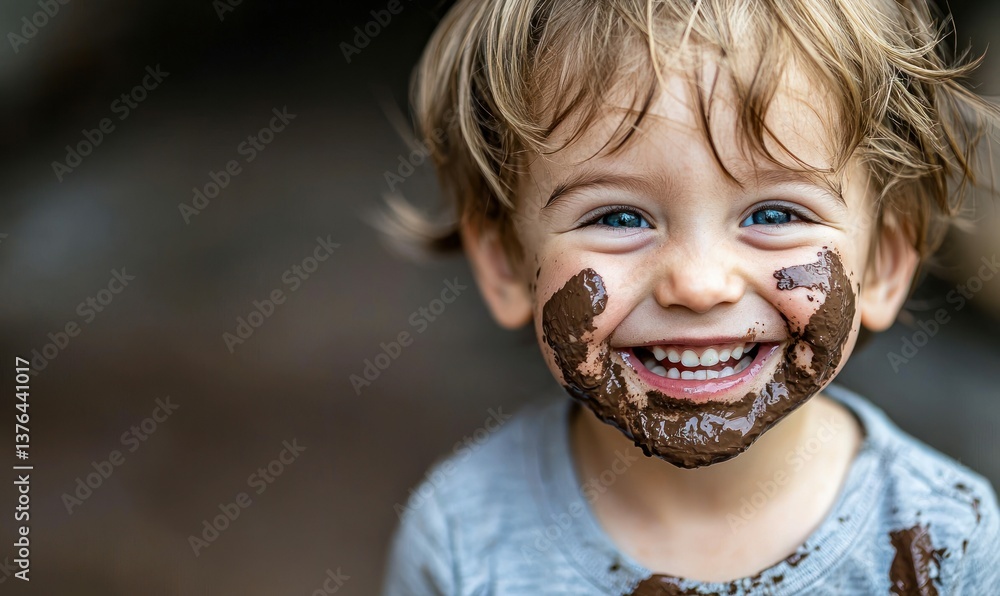A cheerful toddler grins with delight, face covered in mud after a playful day outdoors. A cheerful toddler grins with delight, face covered in mud after a playful day outdoors.