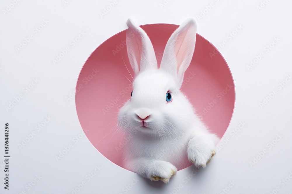 An adorable fluffy white bunny peering through a pink circle, a charming springtime scene with soft lighting and a minimalist background. An adorable fluffy white bunny peering through a pink circle, a charming springtime scene with soft lighting and a minimalist background.