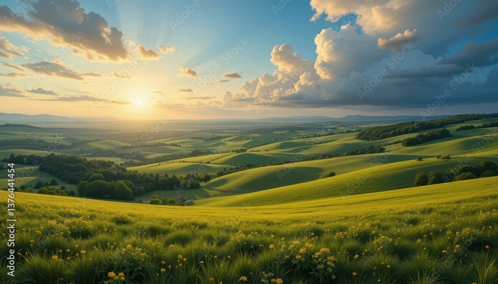 Obraz premium Serene Landscape with Rolling Hills and Golden Sunset in Nature