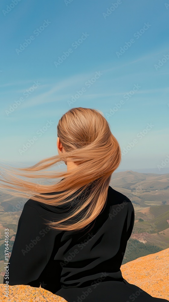 Obraz premium Woman with Flowing Hair Admiring Scenic Mountain Landscape Under a Clear Sky