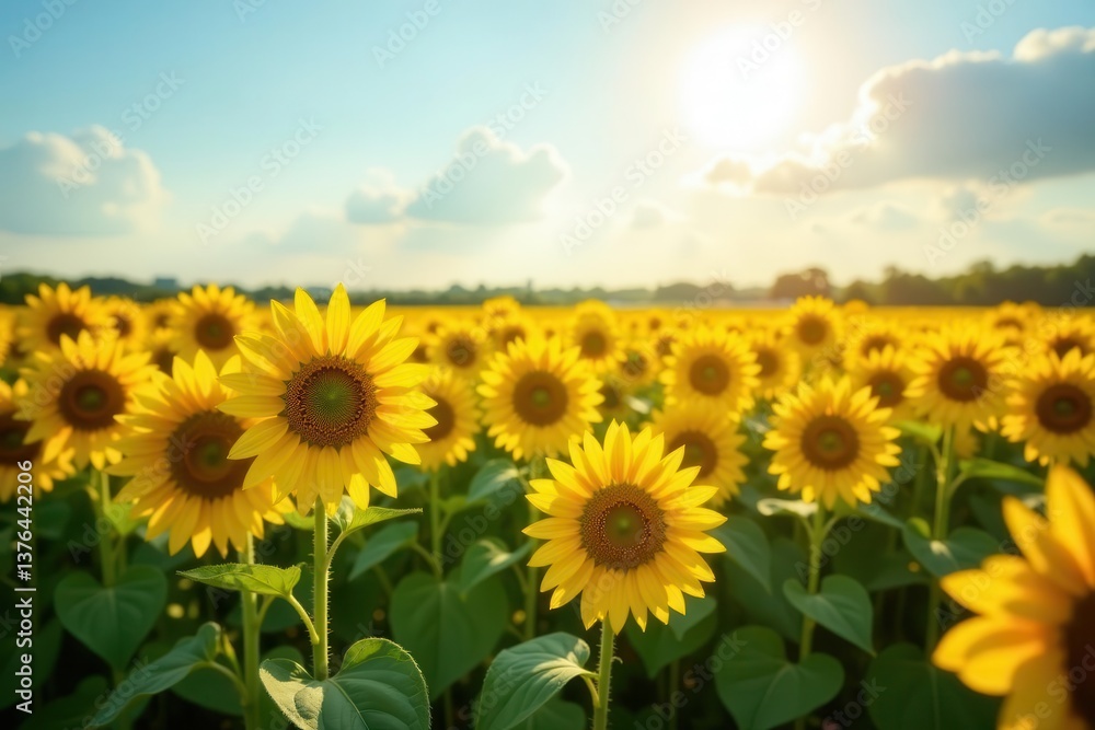 Fototapeta premium A dense field of sunflowers basking in sunlight, countryside, agriculture, botany