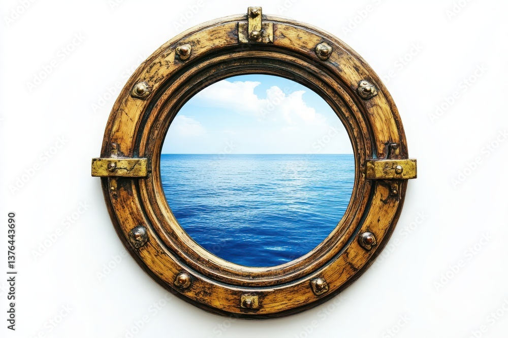 A ship porthole with a brass frame looking out onto the ocean and a blue sky with white clouds A ship porthole with a brass frame looking out onto the ocean and a blue sky with white clouds