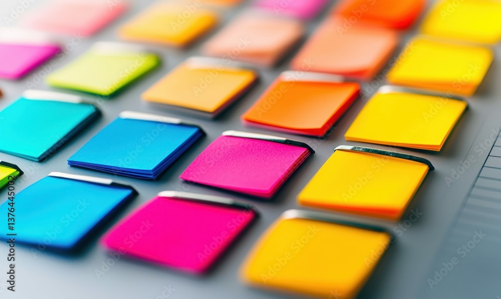 A vibrant array of colorful sticky notes arranged in a neat grid creates an organized pattern. A vibrant array of colorful sticky notes arranged in a neat grid creates an organized pattern.