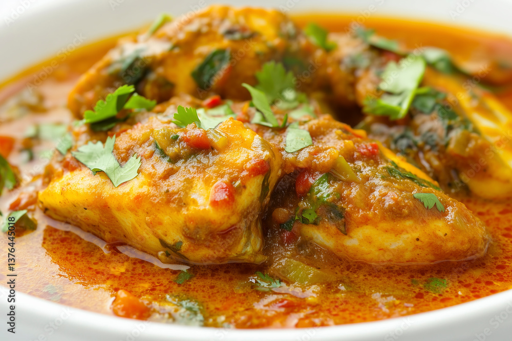 A remarkable close-up of Goan Fish Curry highlighting textures and colors for professional use. A remarkable close-up of Goan Fish Curry highlighting textures and colors for professional use.