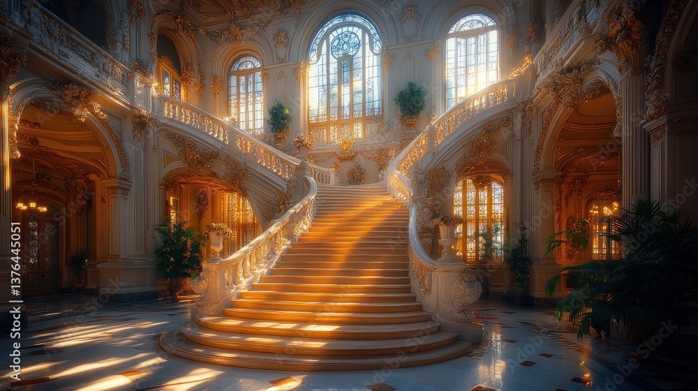 Fototapeta premium Grand staircase in opulent palace interior, sunlit.