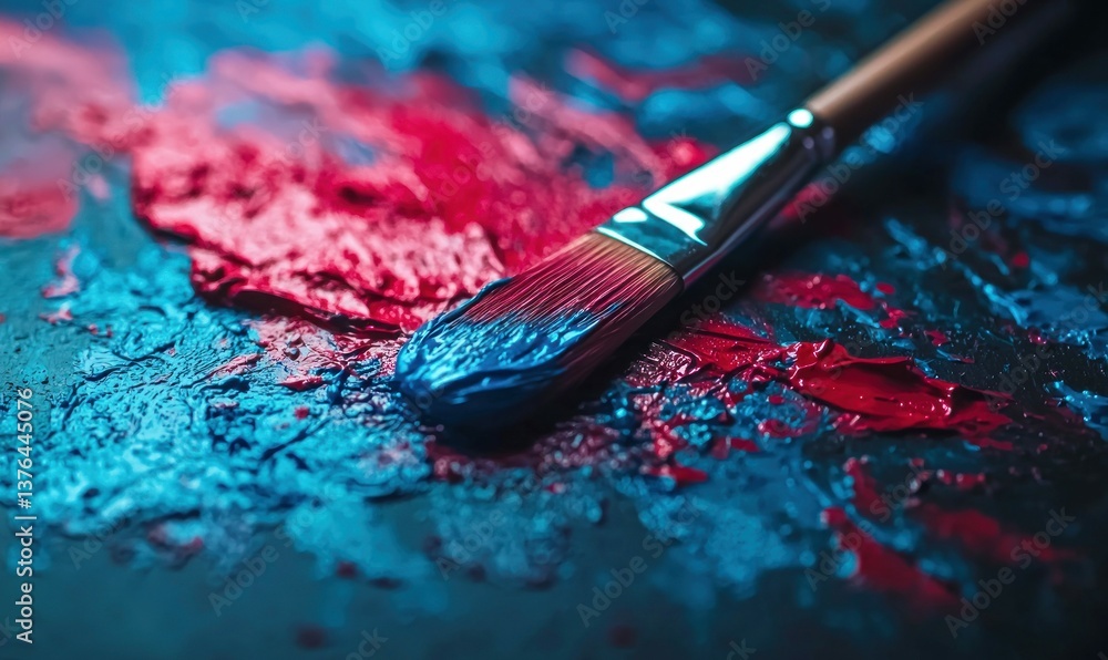 Fototapeta premium A close-up shot captures a paintbrush resting on a canvas with vibrant blue and red paint.