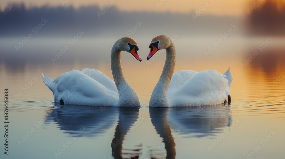 Fototapeta premium Two swans forming a heart shape on a calm lake at sunset.