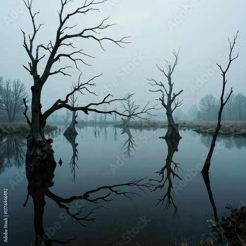 A serene, foggy landscape featuring a tranquil lake with bare trees standing tall and their reflections dancing on the calm water surface