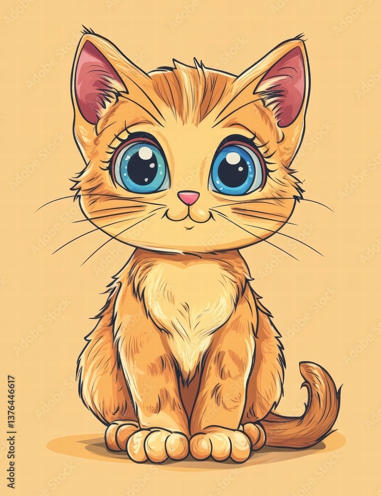 Fototapeta premium Cute Cartoon Cat: A charming, cartoon-style image of a fluffy orange cat with big, expressive blue eyes and a sweet, innocent demeanor, exuding warmth and charm.