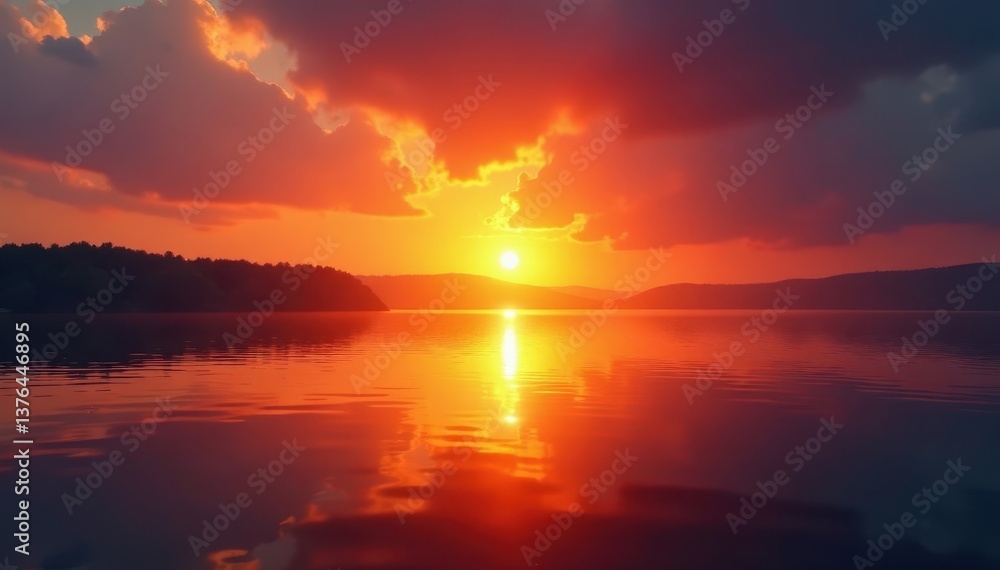Obraz premium Fiery sunrise blazes across still water, casting a warm, golden light , coast, sunrise view