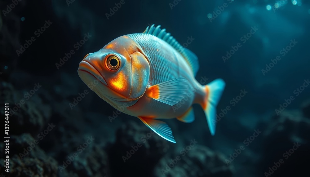 Fototapeta premium A luminous aquatic creature, gracefully swimming amidst a dark, mysterious underwater landscape, its scales shimmering with an ethereal glow.