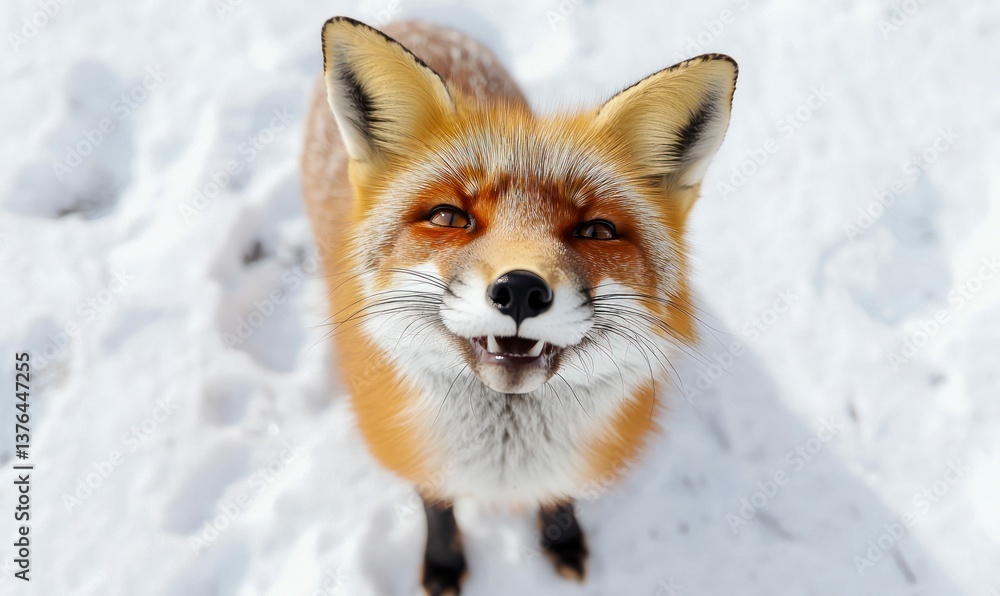 Obraz premium A charming red fox gazes upwards with a delightful smile in a snow-covered landscape.