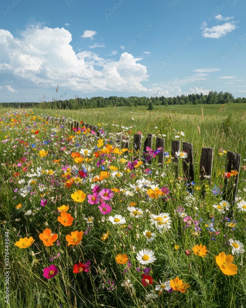 Obraz premium Vibrant Wildflower Meadow Blooming Under Blue Sky with Clouds, Rustic Fence, Summer Bliss