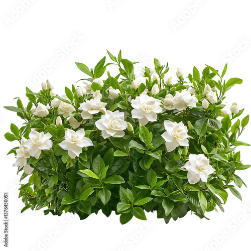 A Dense Bush of Gardenia Shrubs with Fragrant White Flowers Isolated on Transparent Background
