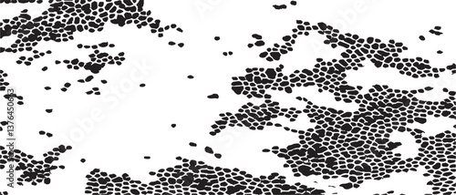 Monochrome texture composed of irregular graphic elements. Distressed uneven grunge background. Abstract vector illustration. Overlay for interesting effect and depth. Isolated on white background.
