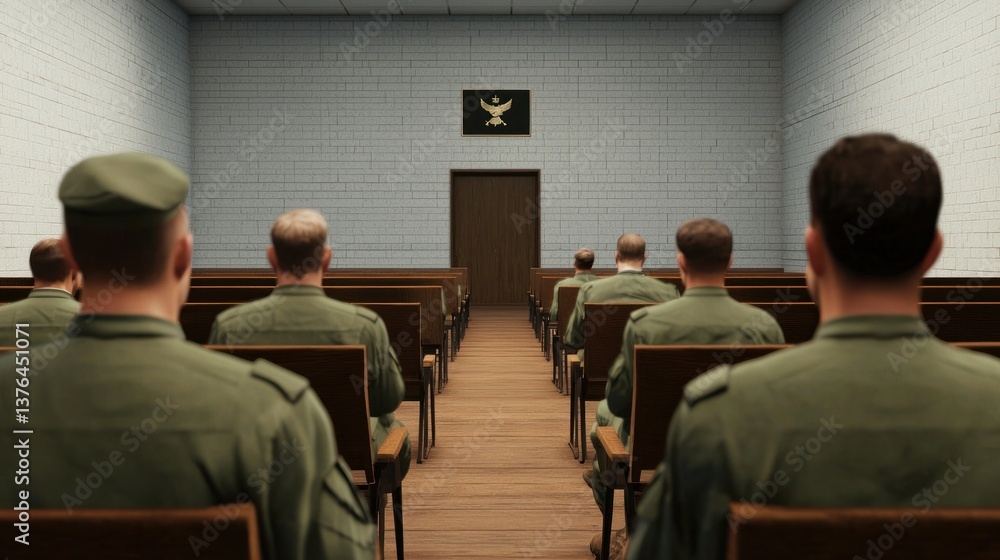 Obraz premium Military justice system review courtroom at military base legal proceedings indoor perspective