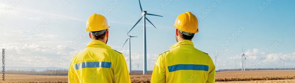 Engineers Inspecting the Horizon: Two engineers, clad in protective gear and hard hats, stand with their backs to the viewer, gazing at the distant wind turbines against a bright, expansive sky.