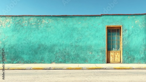 Teal stucco wall with weathered wooden door and sidewalk.