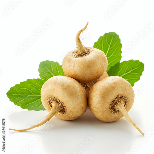 Maca Root Pile with Leaves on White Background for Health