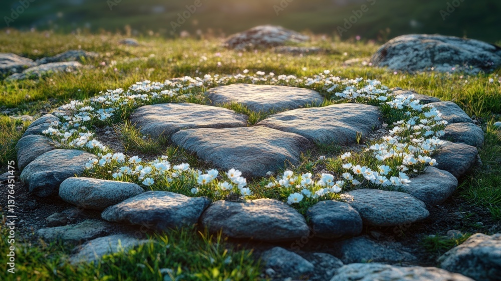 Stone circle with daisies in a mountain meadow at sunset. Stone circle with daisies in a mountain meadow at sunset.