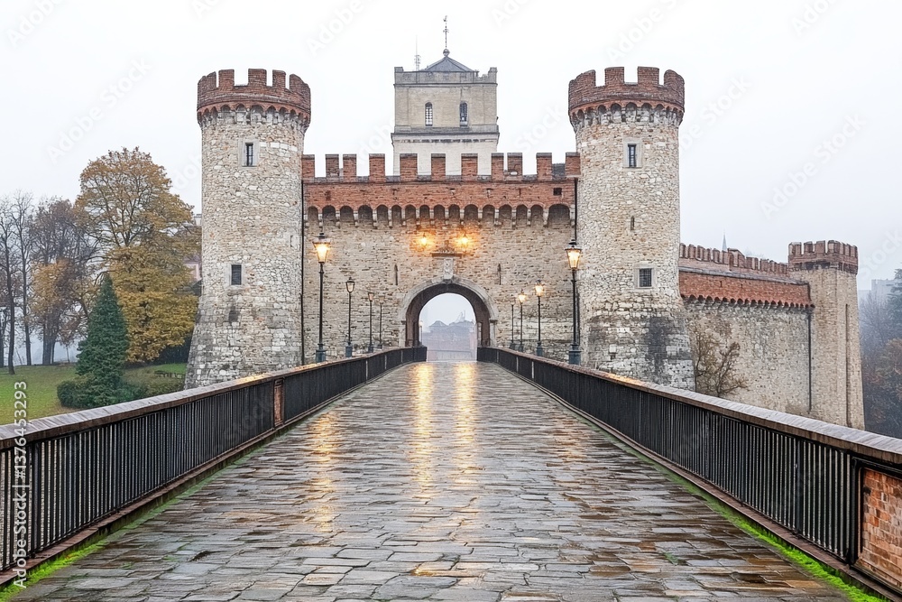 Obraz premium A dramatic view of St. Florian Gate at dusk, with streetlights casting a warm glow on the medieval walls