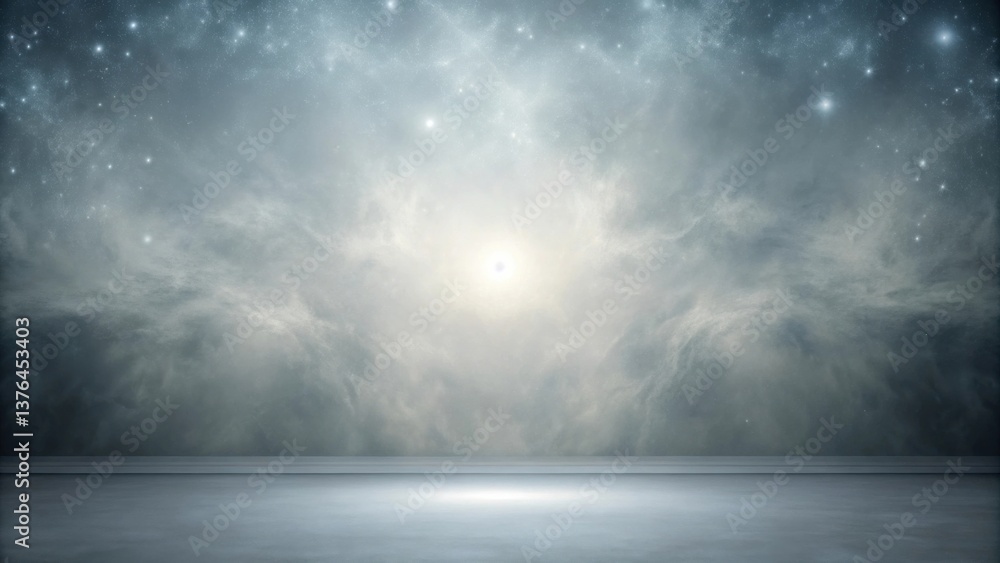 Fototapeta premium Empty Room with Celestial Wall Murals Featuring a Starry Night Sky and Glowing Central Light Source