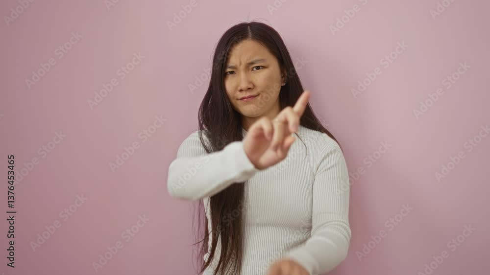 Woman expressing disapproval with gestures against a pink background, featuring a young, asian, female adult person with a serious expression wearing a light sweater Woman expressing disapproval with gestures against a pink background, featuring a young, asian, female adult person with a serious expression wearing a light sweater