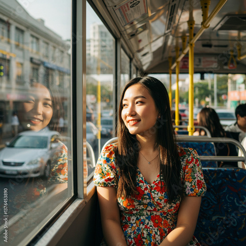 A young woman in a vibrant floral dress gazes out a bus window, sunlight illuminating her serene face during a peaceful city commute bathed in warm golden light.