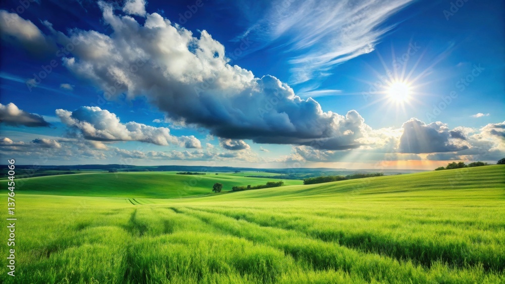 Obraz premium Serene Landscape of Rolling Green Hills Under a Vivid Sky with Dramatic Clouds and Bright Sunshine