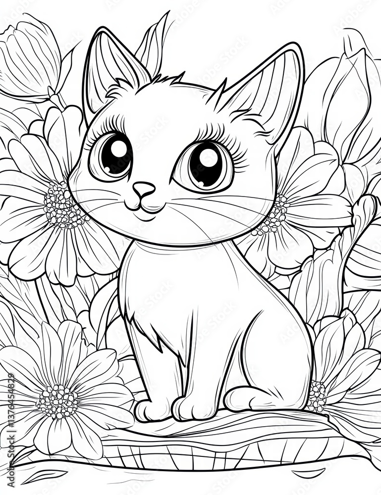 Obraz premium A Playful Cat in Garden: A delightful illustration captures a cute cat surrounded by a sea of blooming flowers, creating a whimsical and cheerful atmosphere.
