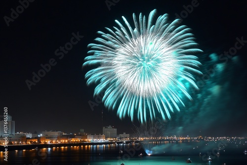 A fireworks display over the Savannah River, with boats and onlookers celebrating along the waterfront