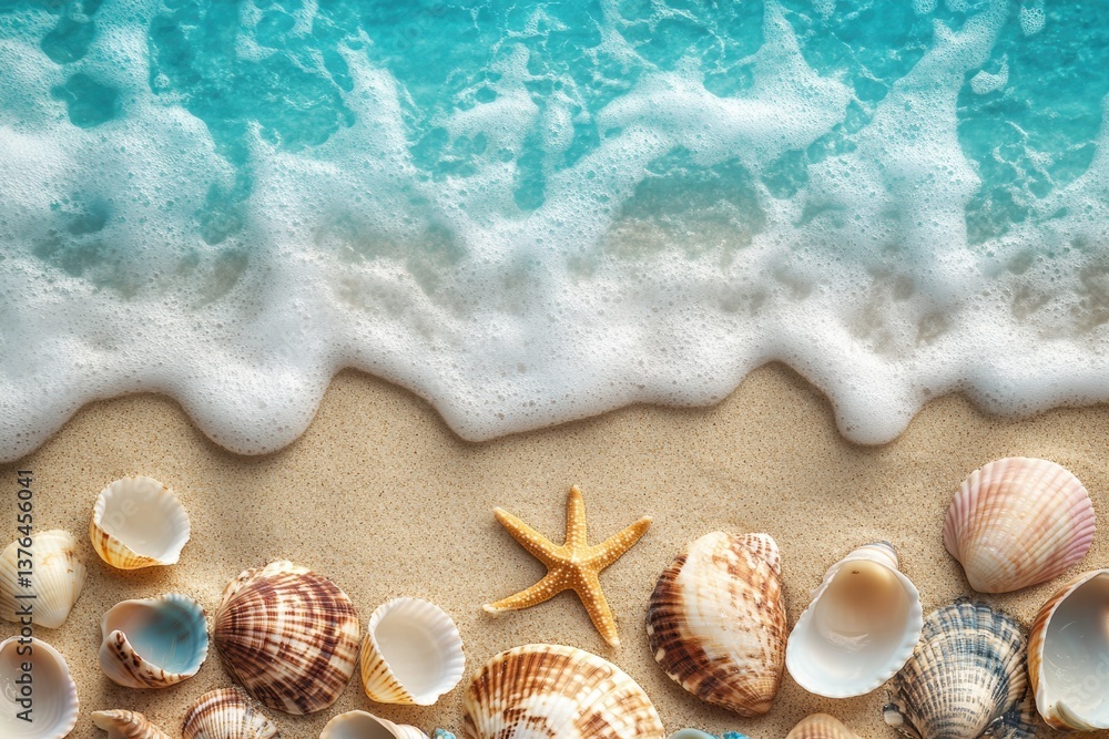 Seashore Serenity: A stunning view of a beach with seashells, a starfish, and gently lapping waves, the water's edge, depicting the beauty of the seaside on a bright day. Seashore Serenity: A stunning view of a beach with seashells, a starfish, and gently lapping waves, the water's edge, depicting the beauty of the seaside on a bright day.