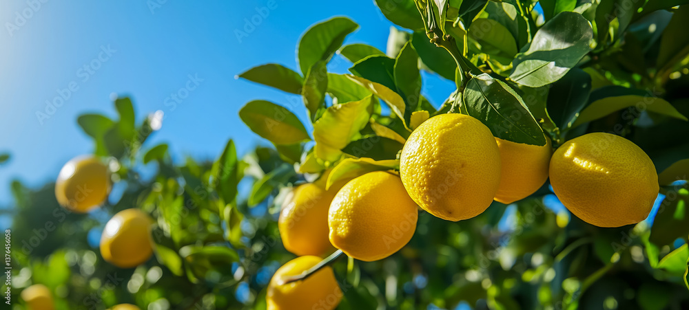 Fresh lemons growing on vibrant green citrus tree branches Fresh lemons growing on vibrant green citrus tree branches