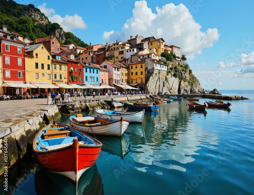 A picturesque coastal town with colorful buildings and boats moored along a calm waterway, reflecting the serene beauty of the hillside and sky