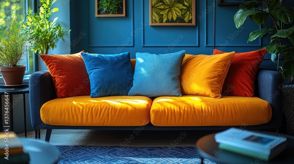 Obraz premium Colorful sofa with pillows in a blue room.