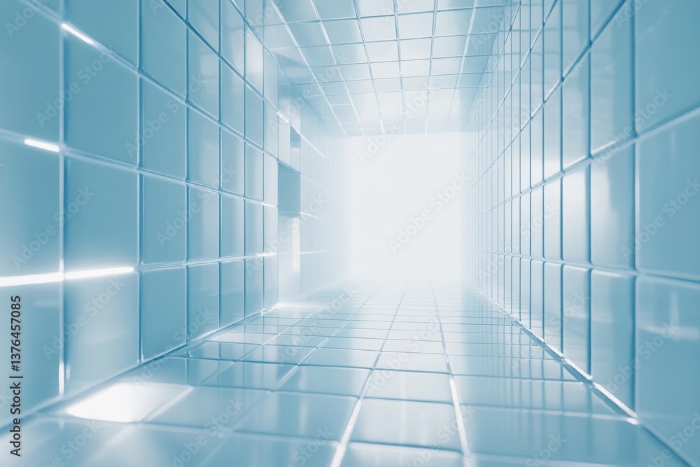 Futuristic 3d corridor of transparent blue tiles with soft reflections and copy space on the right Futuristic 3d corridor of transparent blue tiles with soft reflections and copy space on the right