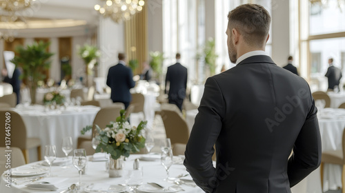 Elegant hotel manager overseeing corporate event in luxurious dining area