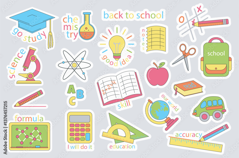 School stickers set in flat design. Collection labels with graduation cap, study, chemistry, idea, schoolbag, microscope, atom, book, apple, bus, blackboard, calculator, other. Vector illustration. School stickers set in flat design. Collection labels with graduation cap, study, chemistry, idea, schoolbag, microscope, atom, book, apple, bus, blackboard, calculator, other. Vector illustration.