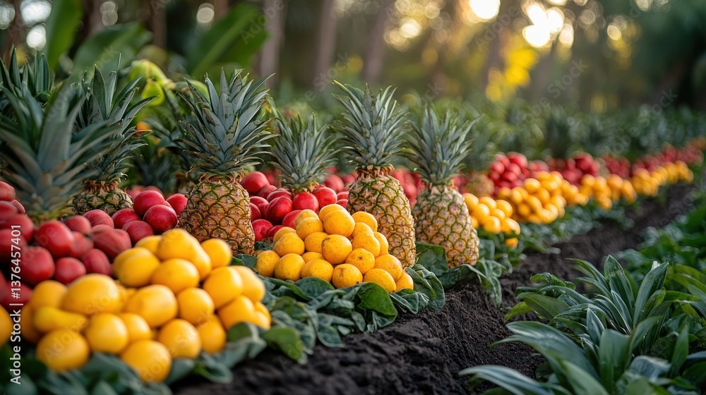 Fototapeta premium Vibrant row of pineapples, oranges, and red fruits in a lush garden setting at sunset.