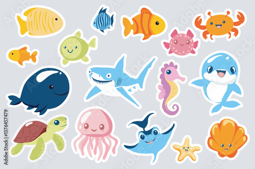 Underwater animal stickers set in flat design. Collection labels with different fishes, crab, whale, shark, seahorse, dolphin, turtle, jellyfish, starfish, seashell and other. Vector illustration.