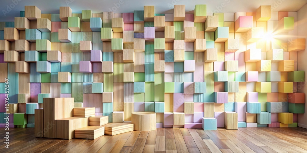 Pastel Cube Wall with Wooden Display Platforms and Cylinder Pastel Cube Wall with Wooden Display Platforms and Cylinder