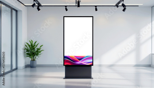 Modern digital display stand with vibrant background and empty copy space for advertising