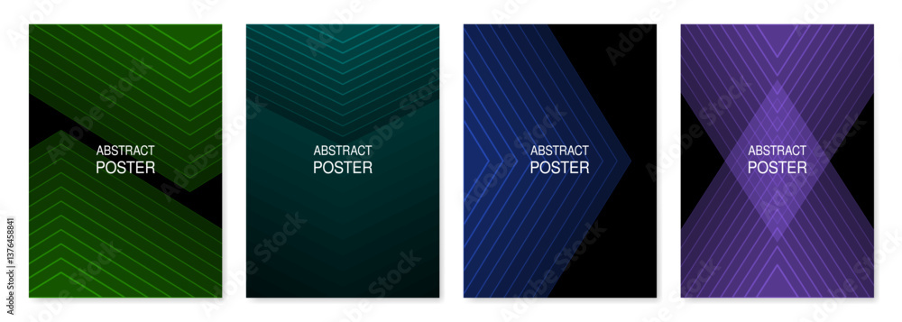 Set of futuristic abstract posters. Black backgrounds with teal, green, blue and purple outline geometric pattern. Vibrant colors, fading gradient transition. Squares, rhombuses and triangles Set of futuristic abstract posters. Black backgrounds with teal, green, blue and purple outline geometric pattern. Vibrant colors, fading gradient transition. Squares, rhombuses and triangles
