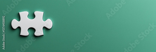 White Puzzle Piece Isolated on Green Background, Empty Blank Space for Copy Text