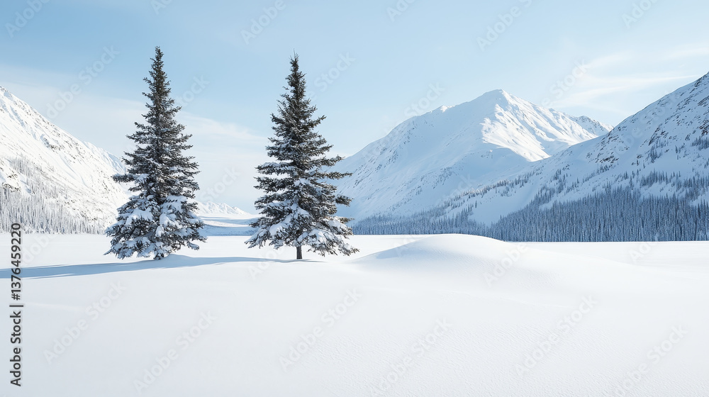 Snow covered landscape with evergreen trees and mountains in background Snow covered landscape with evergreen trees and mountains in background