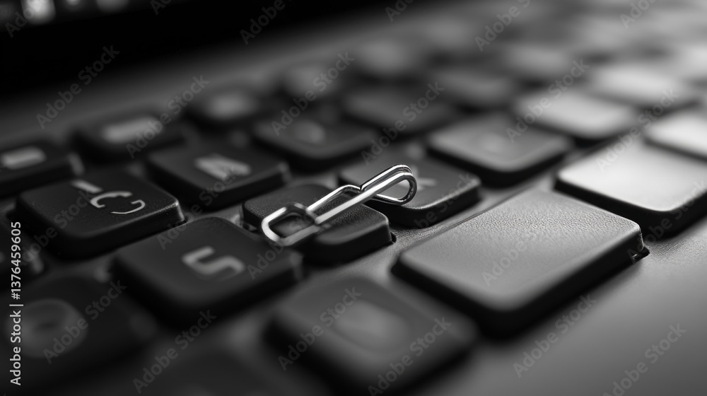 Close-up of a paperclip on a laptop keyboard. Close-up of a paperclip on a laptop keyboard.