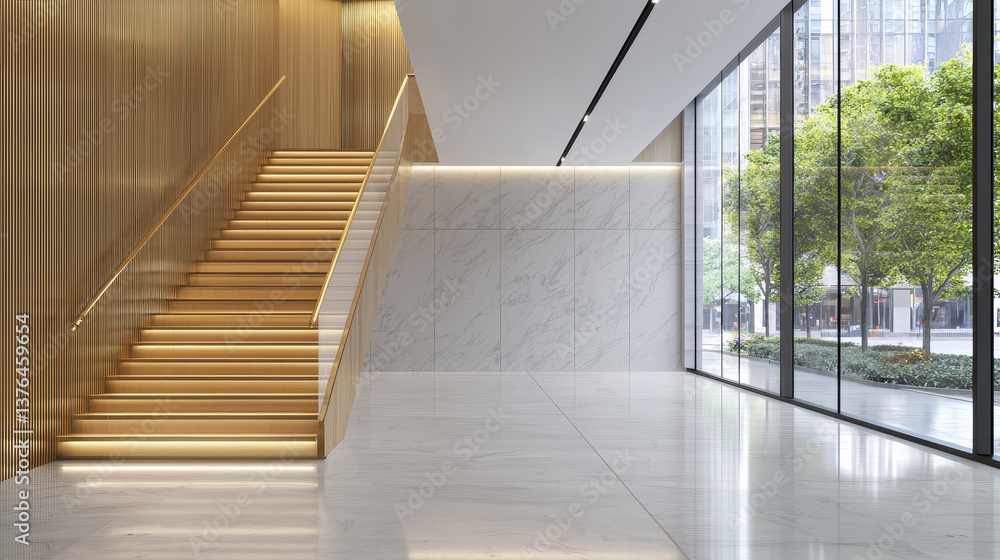 Obraz premium Minimalist golden staircase in modern interior with large windows. elegant design creates bright and inviting atmosphere