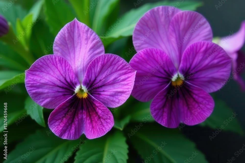 Close-up vibrant purple petals, lush green leaves , flower, vegetation Close-up vibrant purple petals, lush green leaves , flower, vegetation