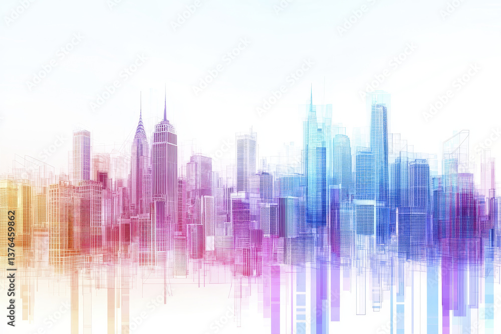 Fototapeta premium Minimalistic cityscape with towering skyscrapers in vibrant colors